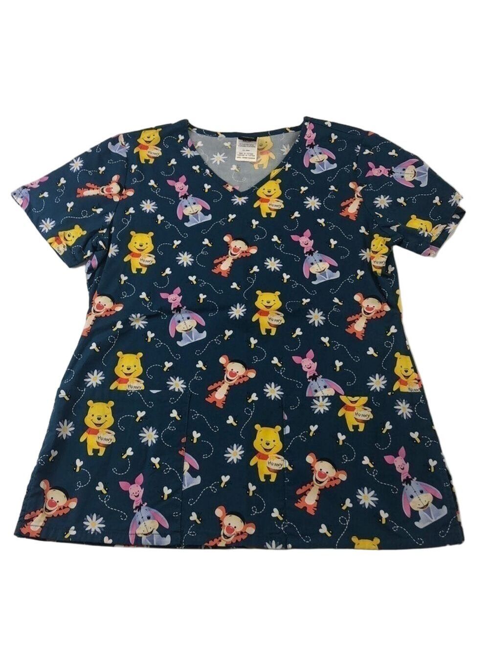 Disney Pooh Eeyore short sleeve scrubs blue print XS